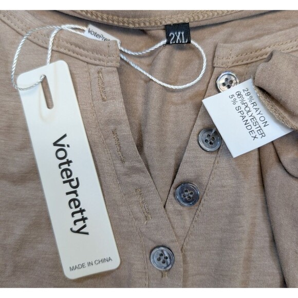 VOTEPRETTY Women's Size XXL Tan Long Sleeve V Neck Henley Tee NWT - Picture 5 of 7